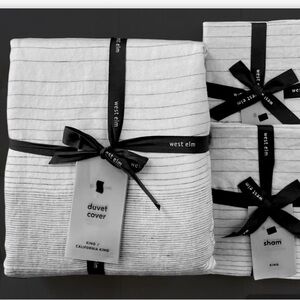 West Elm BELGIAN FLAX LINEN GRADUATED STRIPE Duvet King &  Euro Shams NWT